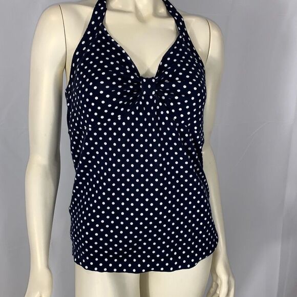 NWT Ann Taylor Loft Women's Navy Blue Polka Dot Halter Tankini Top Size Large - Picture 1 of 9